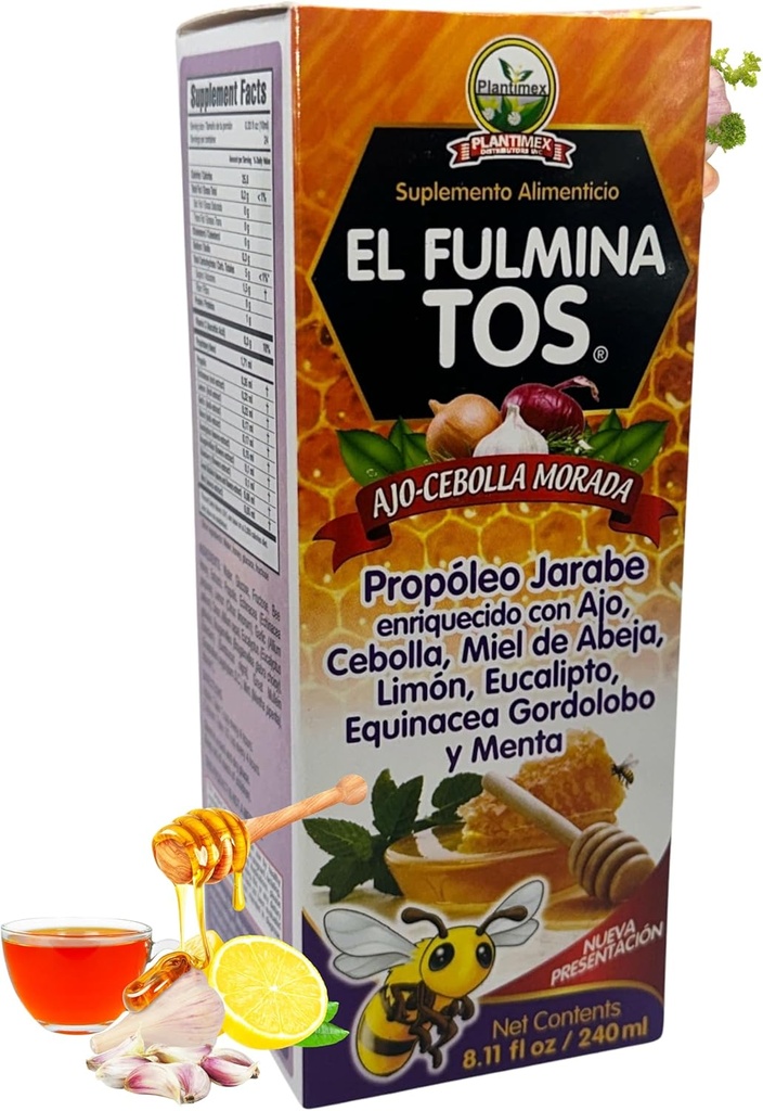 EL FULMINA TOS Propolero + AJO + CEBOLLA + Miel+Limon+Eucalipto+Equinacea+Gordolobo & Menta (Σύριγμα Propolis W/Garlic και Κρεμμύδι) 8.11 fl oz Διατροφικό συμπλήρωμα Σιρόπι Βήχας FULMINA TOS