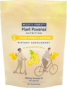 Wiley's Finest Vegan Omega-3 Gummies - Φυσική Ζάχαρη - Χορτοφαγική Dha, Ala & Sda - Χωρίς γλουτένη - Γεύση λεμονιών, 60 Gummies
