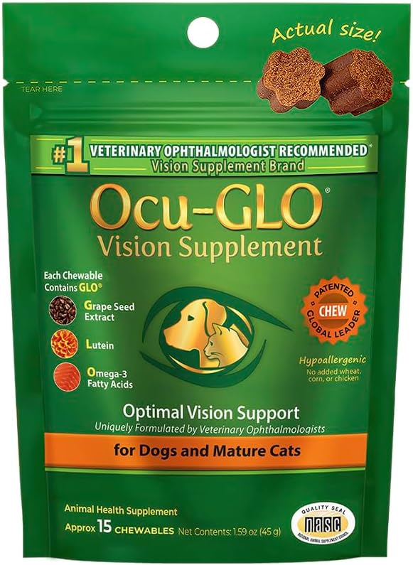 Ocu-GLO Cat & Dog Senior Supplement for Eye Support - Chewable Vision Vitamins Supplements for Large and Small Pets Care with Lutein, Omega-3 Λιπαρά Οξέα, εκχύλισμα σπόρων σταφυλιών & Αντιοξειδωτικά