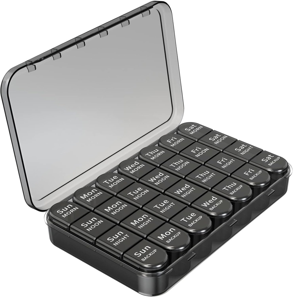 Daviky Weekly Pill Organizer 4 Times a Day, Large Capacity 7 Day Pill Box, Daily Medicine Organizer for Travel with 28 Compartment to Hold Medication, Vitamin and Supplement (Black)
