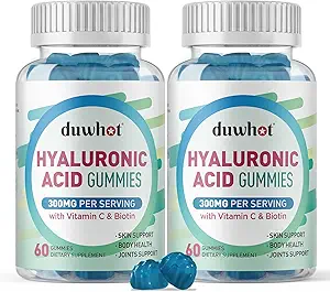 Hyaluronic Acid Gummies, Hyaluronic Acid Συμπληρώματα με βιταμίνη C & Biotin 5000mcg για το δέρμα, τα μαλλιά, νύχια υγεία, συμπληρώματα αρθρώσεων για γυναίκες & άνδρες, χαμηλή ζάχαρη, Vegan, μη GMO, 60 Counts
