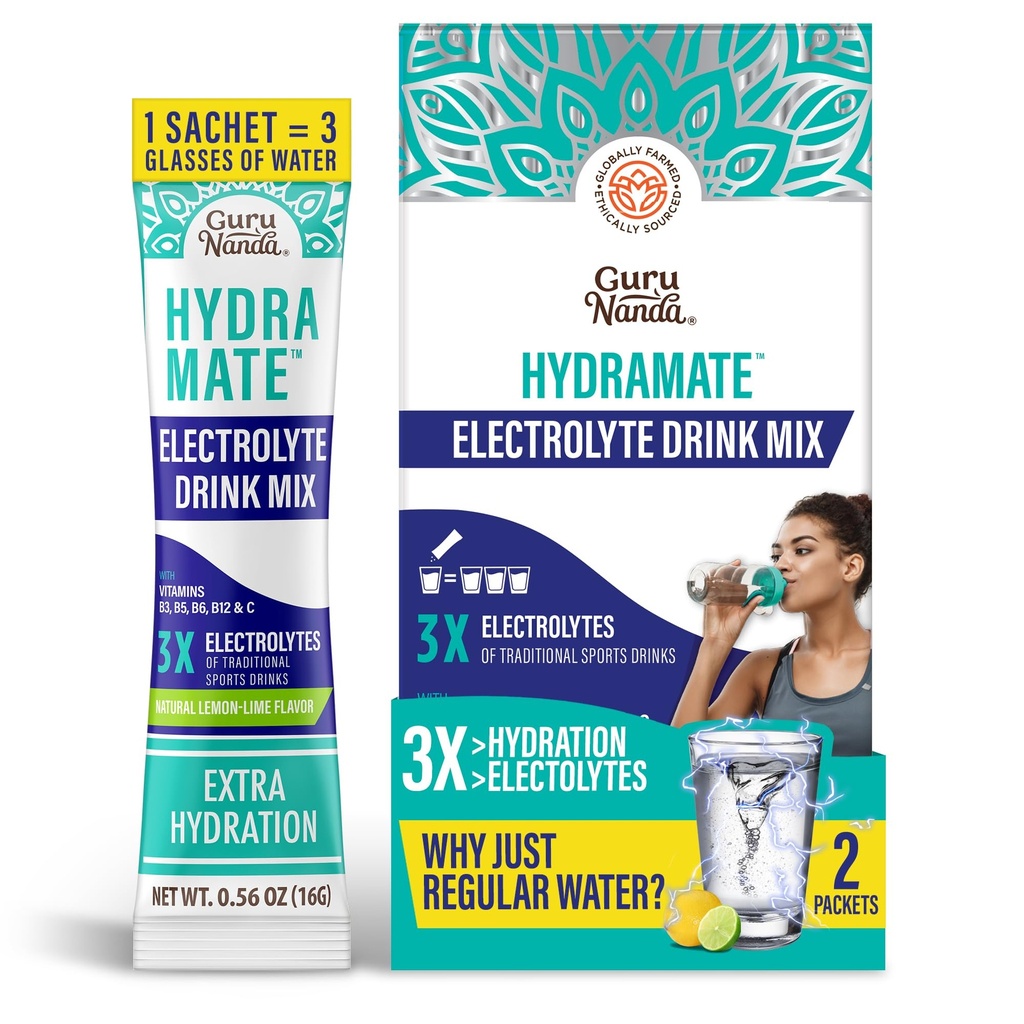 GuruNanda Hydramate Hydration Support Drink Mix - Electrolyte Powder Packets for Dehydration, Exercise & Energy - No Added Sweeteners, Non-GMO, Natural Lemon Lime Flavor - 2 Count (0.56 oz Each)