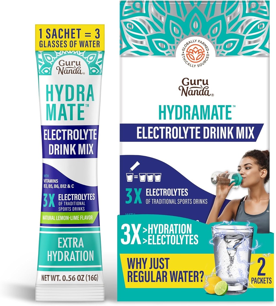 GuruNanda Hydramate Hydration Support Drink Mix - Electrolyte Powder Packets for Dehydration, Exercise & Energy - No Added Sweeteners, Non-GMO, Natural Lemon Lime Flavor - 2 Count (0.56 oz Each)