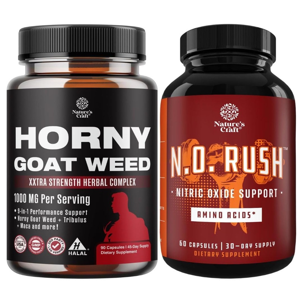 Bundle of Horny Goat Weed for Men with Black Maca Root, Tongkat Ali, Saw Palmetto & Panax Ginseng Extract for Stamina & Energy and Nitric Oxide Supplement with L-Arginine for Muscle Growth & Recovery