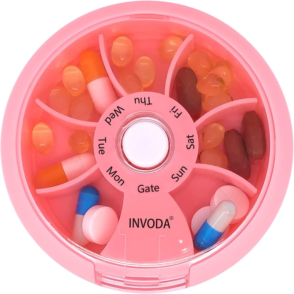 INVODA Weekly Pill Organizer 7 Compartment Rotating Pill Box for Daily Medication & Vitamins - Portable Travel Pill Case Fish Oil Supplements Vitamins Organizer (Pink)