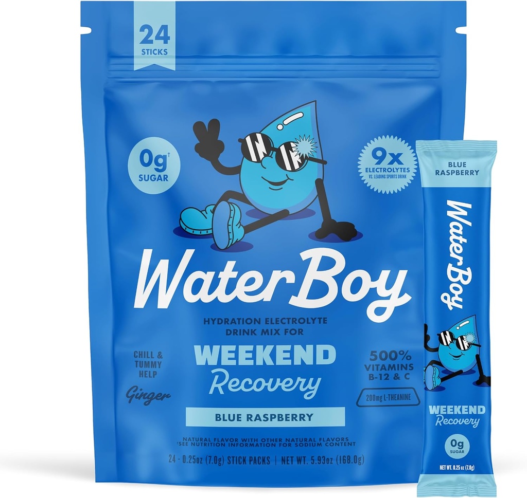 Waterboy Weekend Recovery | 3,200mg Electrolyte Powder Packets | Ginger + L-Theanine + Vitamins | No Sugar, All Natural, Gluten Free | 24 Drink Stick Mixes (Blue Raspberry)