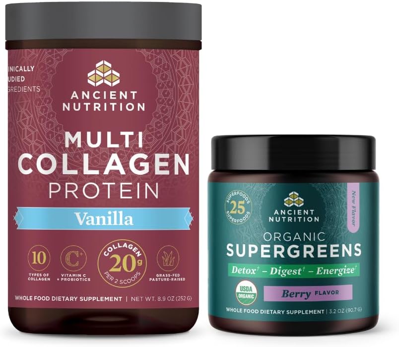 Αρχαία διατροφή Multi Collagen Protein Powder, Βανίλια, 24 σέρβις + οργανικά Supergreens σκόνη, μούρο, 12 σέρβις