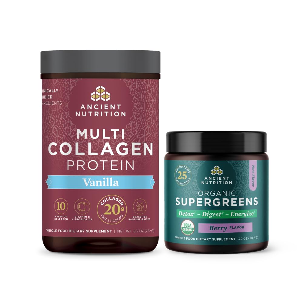 Αρχαία διατροφή Multi Collagen Protein Powder, Βανίλια, 24 σέρβις + οργανικά Supergreens σκόνη, μούρο, 12 σέρβις