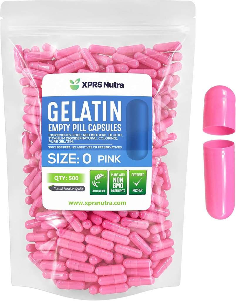 XPRS Nutra Μέγεθος 0 Κενές κάψουλες - 500 Count Empty Gelatin Κάψουλες - Χάπια για DIY Καψάκιο Γέμισμα - Pure Bovine Pill Gel Caps για Do-It-Yourself Συμπληρώματα (Pink)