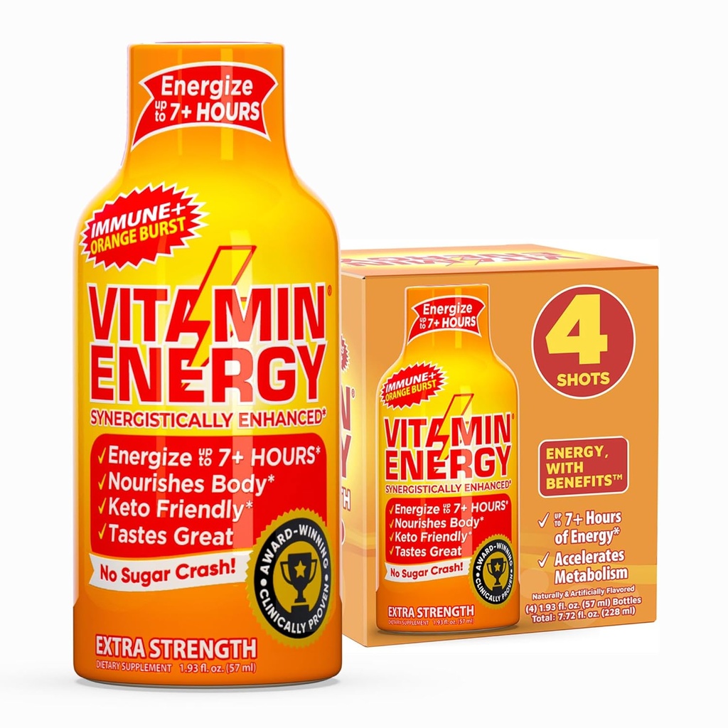 Βιταμίνη Ενέργεια Ανοσοποιητική+ Extra Strength Energy Shot – Πορτοκαλί Burst – 100% DV B-Vitamins & 260mg καφεΐνη – Μηδενικές θερμίδες, Χωρίς ζάχαρη, Vegan, – Ανοσία & Ενεργειακή Υποστήριξη – 1.93 fl oz, 4-Pack