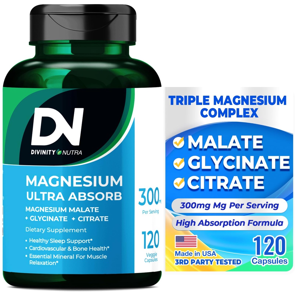 Divinity Nutra Triple Magnesium Complex Supplement, 300mg Μαγνήσιο Γλυκινικό, Μηλεϊνικό & Κιτρικό για τους μυς, τα νεύρα, & την ενέργεια, την υψηλή απορρόφηση, 120 Vegan Κάψουλες,Non-GMO ΗΠΑ Κατασκευασμένο