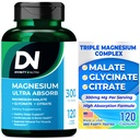 Divinity Nutra Triple Magnesium Complex Supplement,300mg of Magnesium Glycinate, Malate & Citrate for Muscles, Nerves, & Energy, High Absorption, 120 Vegan Capsules，Non-GMO USA Made