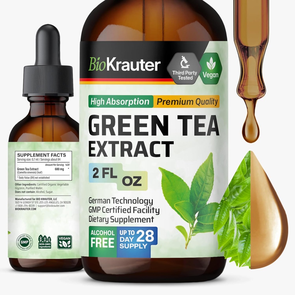 BIO KRAUTER Green Tea Extract Liquid Drops - Green Tea Supplements - Antioxidant Source - Alcohol and Sugar Free - 2 Fl.Oz.