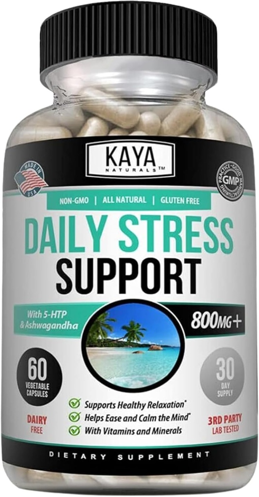 Kaya Naturals - Φυσικό φυτικό στρες Υποστήριξη συμπλήρωμα βιταμίνης για να χαλαρώσετε και να ηρεμήσουν το μυαλό - Boost Mood - Happy Hills - Stress Relief Υποστήριξη - Vitamin συμπλήρωμα - 60 κάψουλες