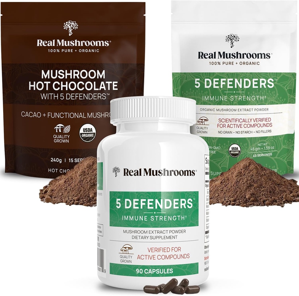 Real Mushrooms Hot Chocolate Mix (15srv), 5 Defenders Extract Powder (45srv), & 5 Defenders Supplements (90ct) Bundle to Support Immunity & Gluten-free, Non-GMO, Vegan