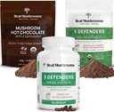 Real Mushrooms Hot Chocolate Mix (15srv), 5 Defenders Extract Powder (45srv), & 5 Defenders Supplements (90ct) Bundle to Support Immunity & Overall Wellbeing - Gluten-Free, Non-GMO, Vegan