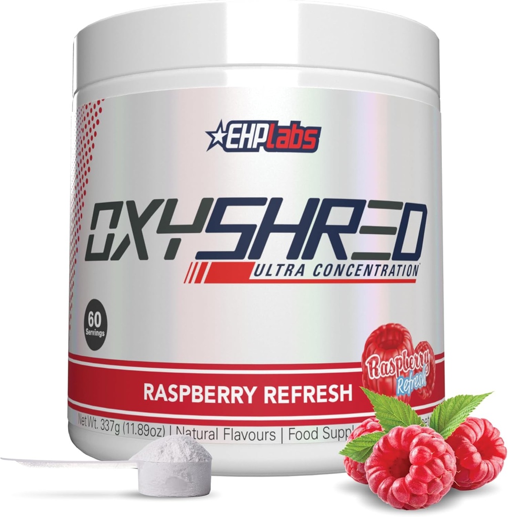 EHP Labs OxyShred Pre Workout Powder - Preworkout Powder with L Glutamine & Acetyl L Carnitine, Energy Boost Drink - Raspberry Refresh, 60 Servings