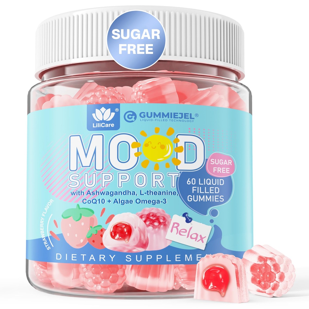 Ashwagandha Saffron Calm Gummies + Omega 3, L-Θεανίνη & CoQ10 για γυναίκες άνδρες, φυσική ηρεμία Happy Relax Gummies για ενήλικες, Mood Υποστήριξη συμπλήρωμα Gummy, Φράουλα Γεύση, Χωρίς ζάχαρη, Vegan, 60ct