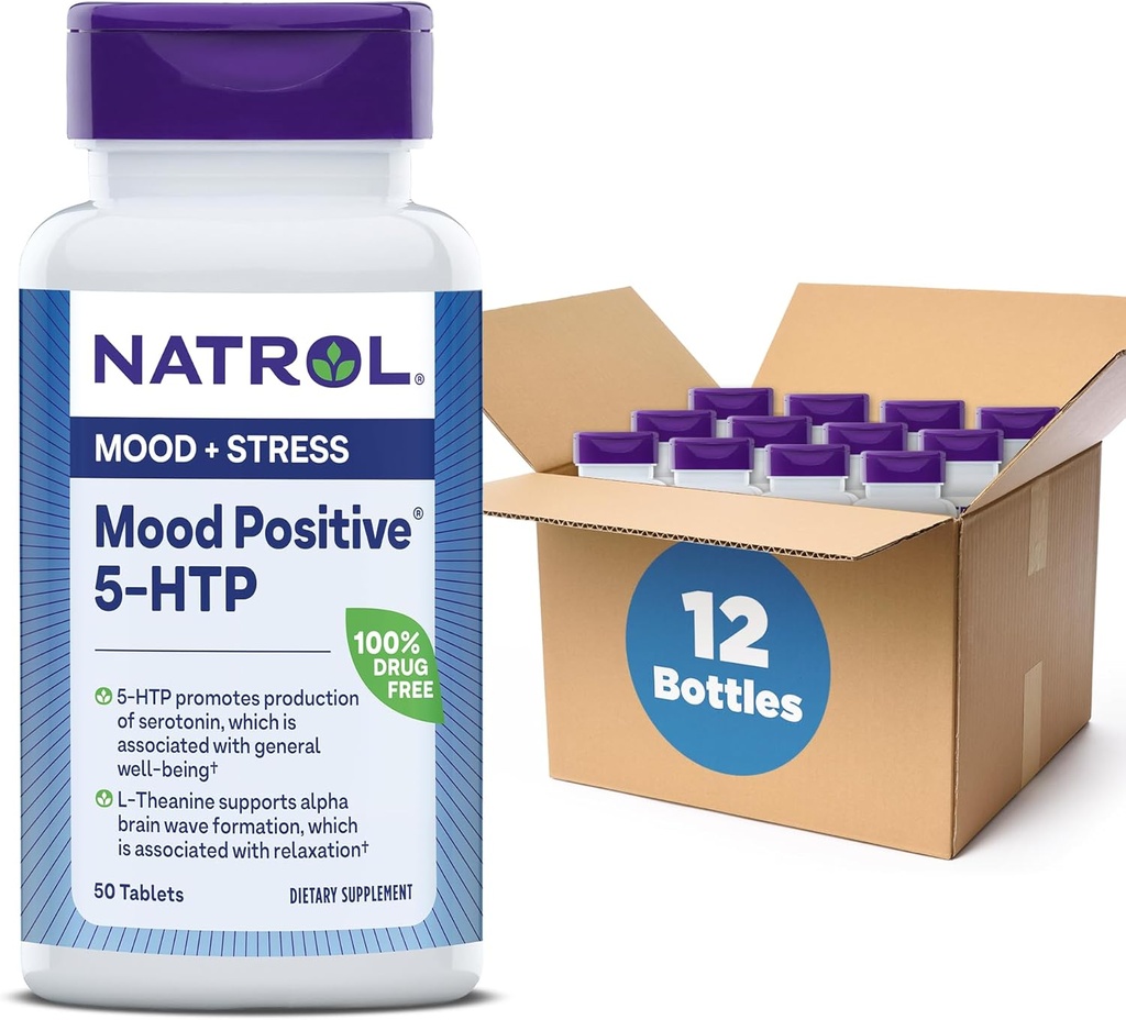 Natrol Mood Θετική 5-HTP 50mg με L-Θεανίνη, Βιταμίνη Β6, Βιταμίνη Β12 και Folate, συμπλήρωμα διατροφής βοηθά στην υποστήριξη μιας θετικής διάθεσης, 50 δισκία, 25-50 ημερήσια προσφορά (πακέτο των 12)