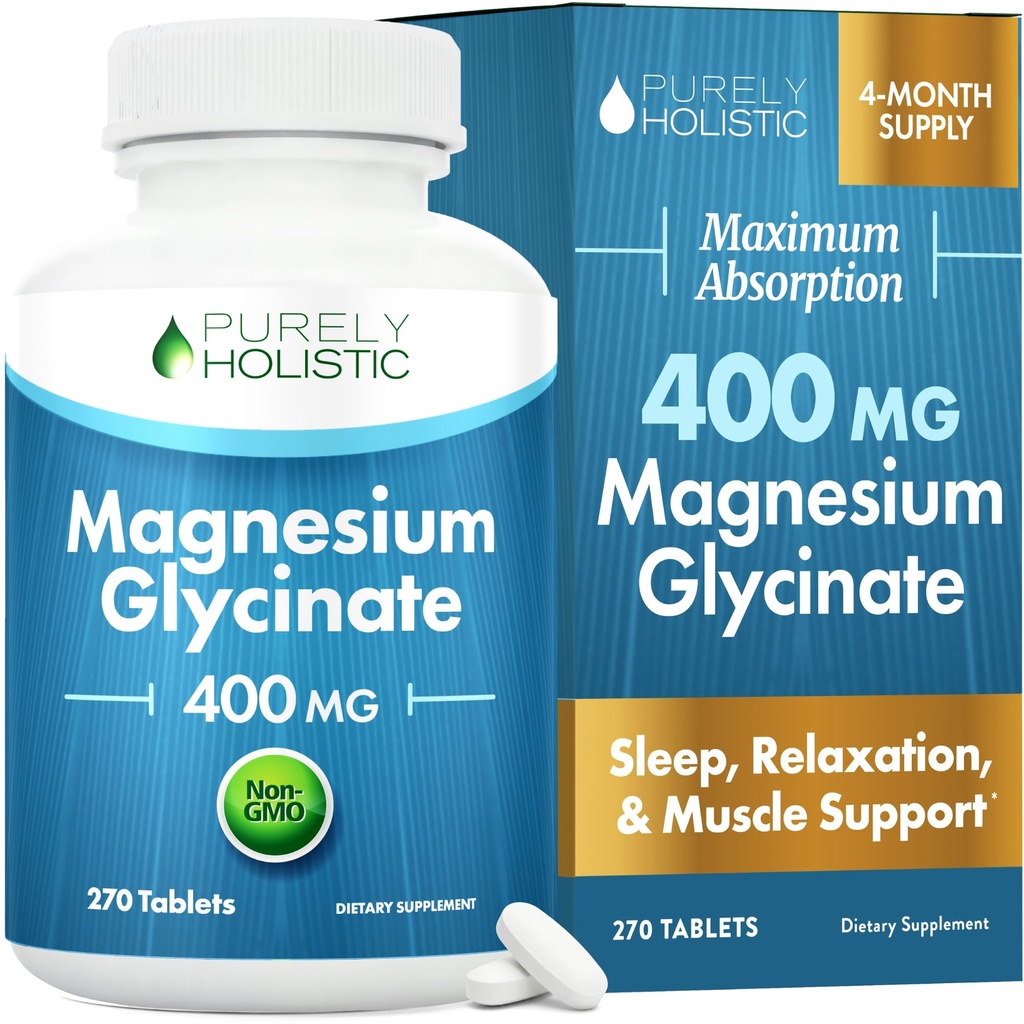 Magnesium Glycinate 400mg | 4+ Month Supply | Sleep, Relaxation & Muscle Support | High Absorption Chelated Magnesium Supplement for Women & Men | Gentle on Digestion | Vegan | 270 Tablets