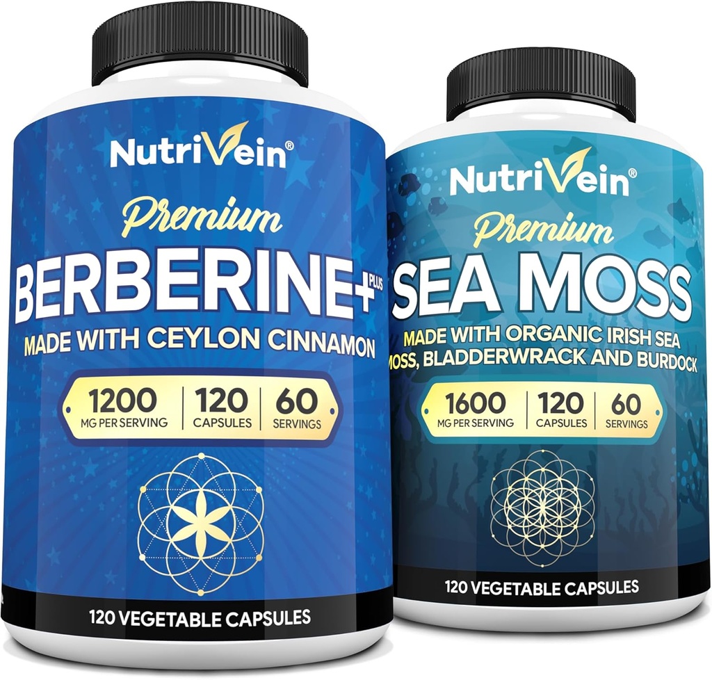 Nutrivein Premium Irish Sea Moss Capses & Berberine Supplement Bundle: Υψηλής Απορρόφησης Sea Moss & Berberine Supplements Bundle for Digestion, Μεταβολισμός, & Ζωτικότητα