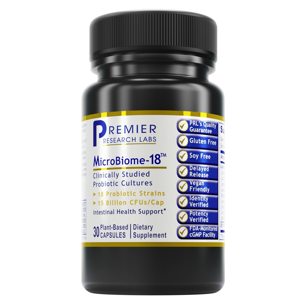 Premier Research Labs MicroBiome-18 - Probiotics για την Digestive Health, Probiotics με Lactobacillus Acidophilus για γυναίκες και άνδρες, Reuteri για την υγιή Gut Microbiome - 30 κάψουλες χορτοφάγων