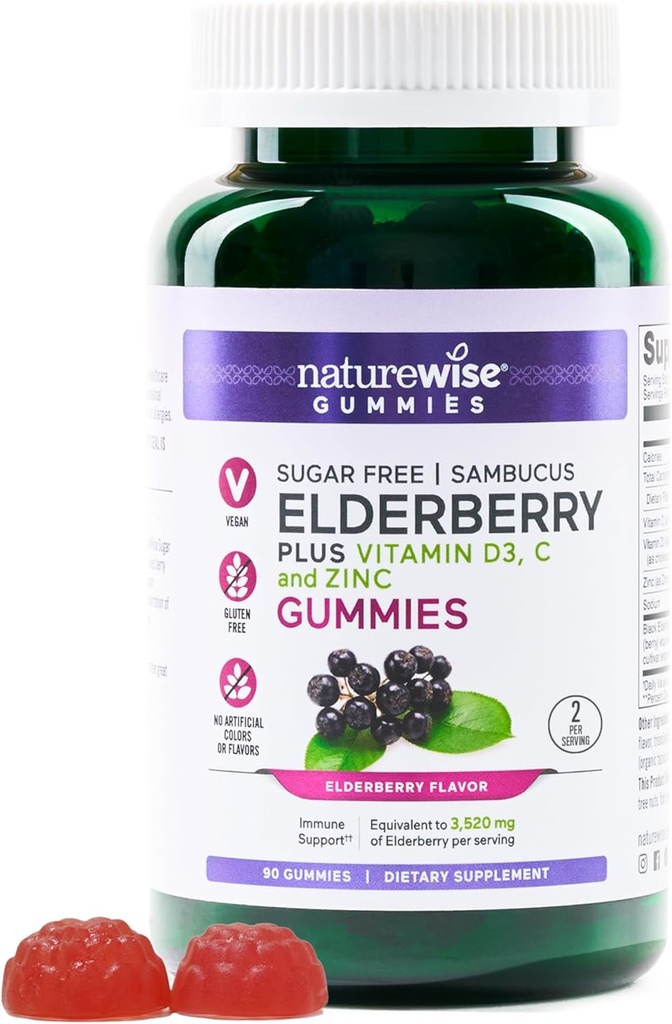 NatureWise Sambucus Elderberry Gummies - Χωρίς ζάχαρη - Καθημερινή Ανοσολογική Υποστήριξη για Παιδιά και Ενήλικες*, με Βιταμίνη C, D3, Ψευδάργυρος - Vegan, Χωρίς Γλουτένη, Μη ΓΤΟ - 90 Count[45-Day Supply]