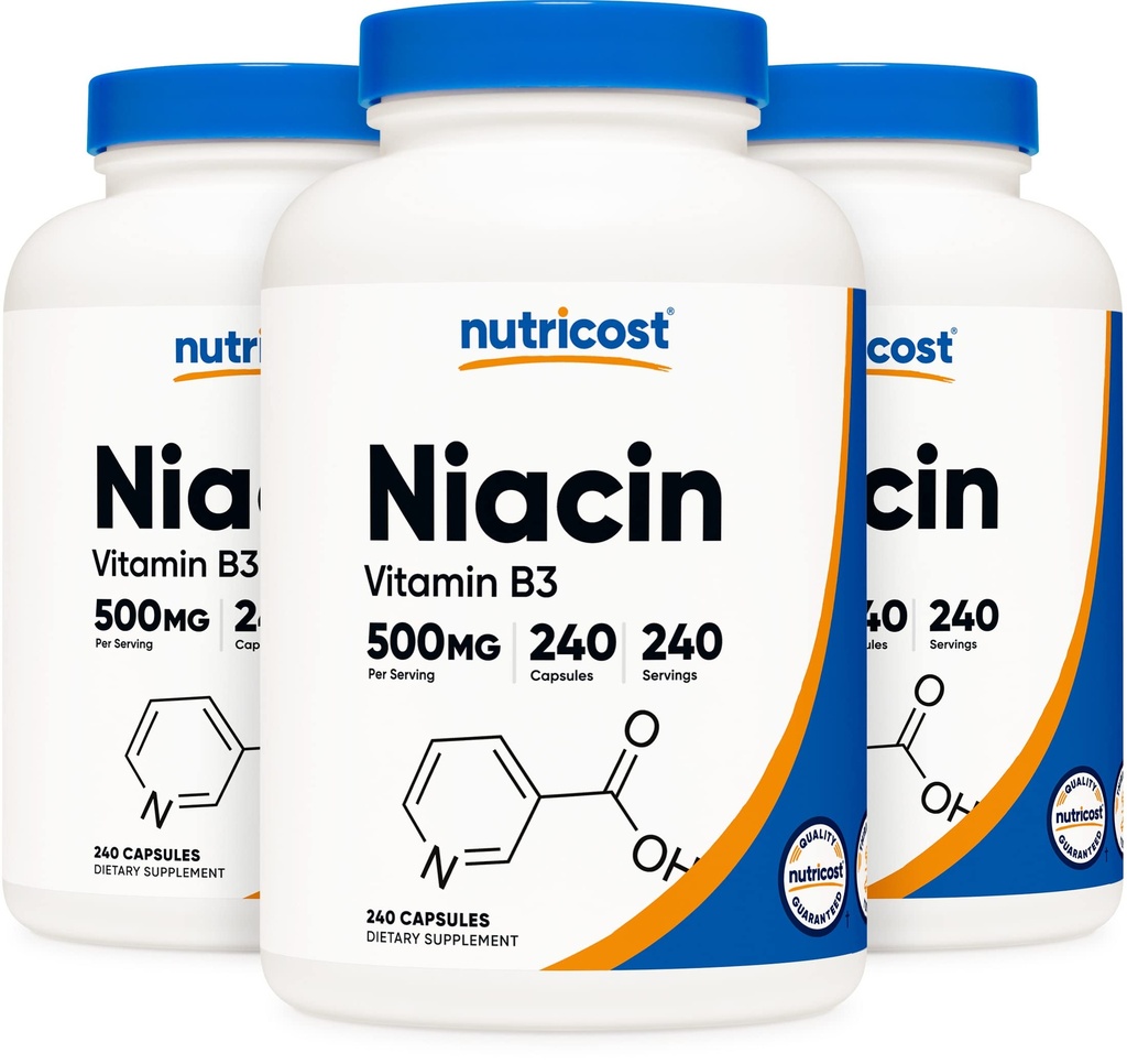 Nutricost Niacin (Vitamin B3) 500mg, 240 κάψουλες (3 φιάλες) - Niacin Flush
