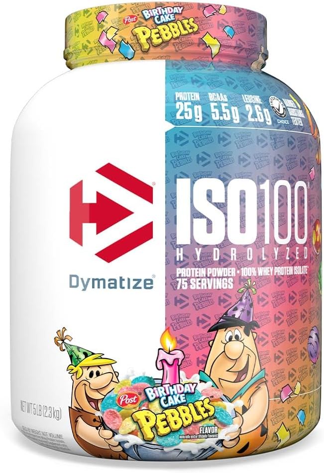 Dymatize ISO100 Whey Protein Powder Isolate, Birthday Cake, 25g of Protein, 5 Pound, 5.5g BCAAs, Less Than 120 Cal., Gluten Free, 1g Fat, 1g Sugar, 2g Carb (75 Servings)