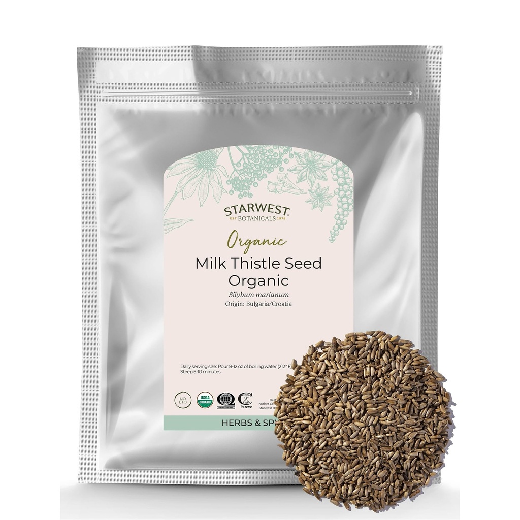 Starwest Botanicals Organic Milk Thistle Seed Whole - Loose Leaf Milk Thistle for Tea & Cooking, Mix in Juice, Add to Smoothies, Oatmeal, & Yogurt, Certified Kosher, Non-GMO - Bulk 1 lb Bag