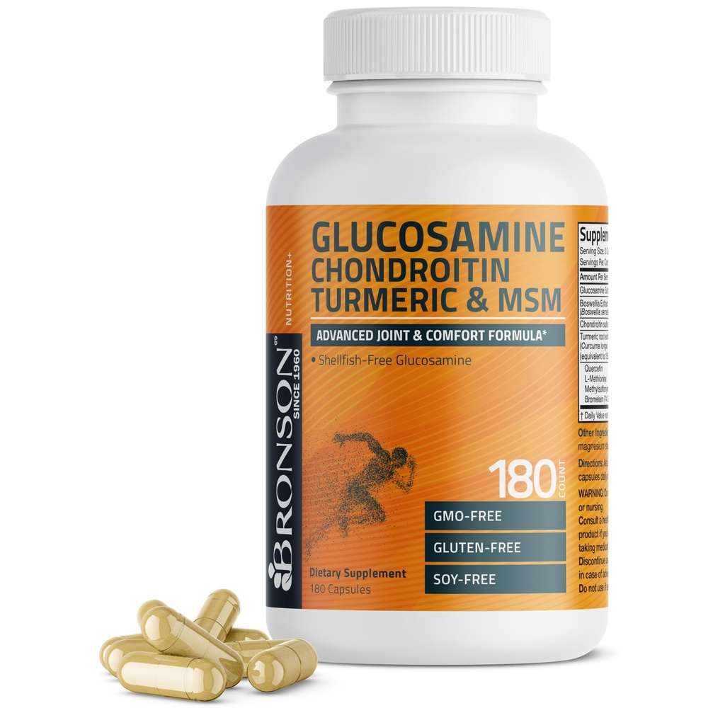 Bronson Glucosamine Chondroitin Turmeric & MSM Advanced Joint & Cartilage Formula, Υποστηρίζει υγιείς αρθρώσεις, Κινητικότητα & Cartilage - Μη ΓΤΟ, 180 κάψουλες