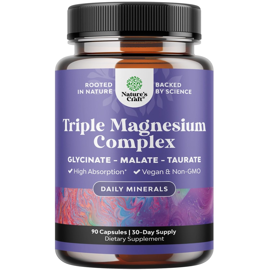 Triple Magnesium Complex Supplement Elemental - Υψηλή απορρόφηση Taurate Μαγνήσιο και γλυκινικό Plus Malate Blend για τον ύπνο Μυϊκό Οστό Mood και περισσότερα - μη GMO Vegan 90CT