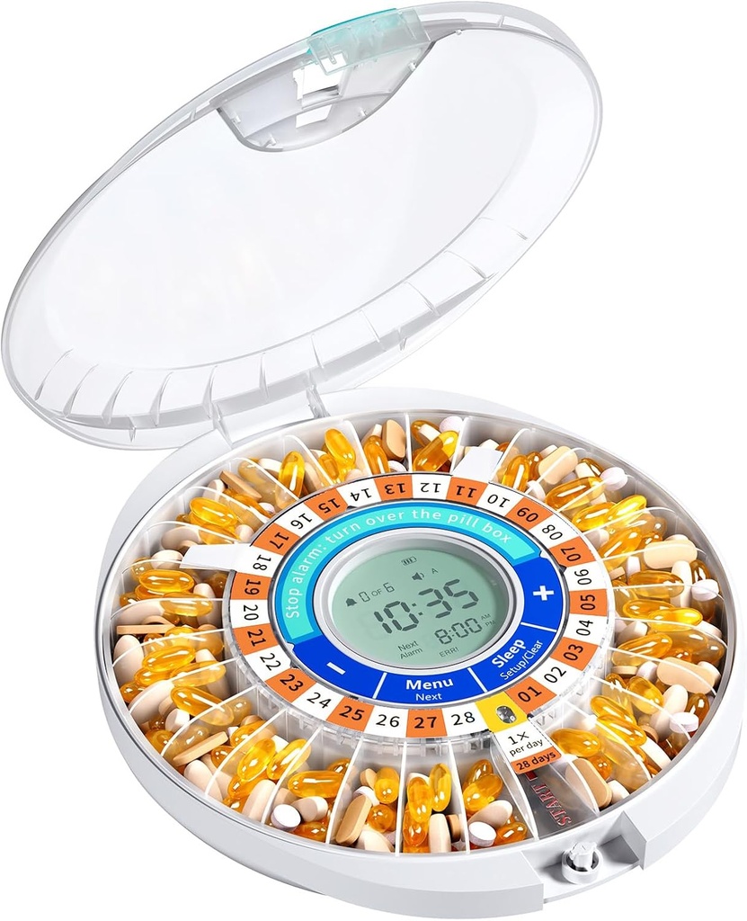 Daviky Automatic Pill Dispenser for Elderly with Alarm, 28-Day Electronic Locked Pill Box, Sound & Light Reminders for Medication, Vitamins, and Supplements（Orange）