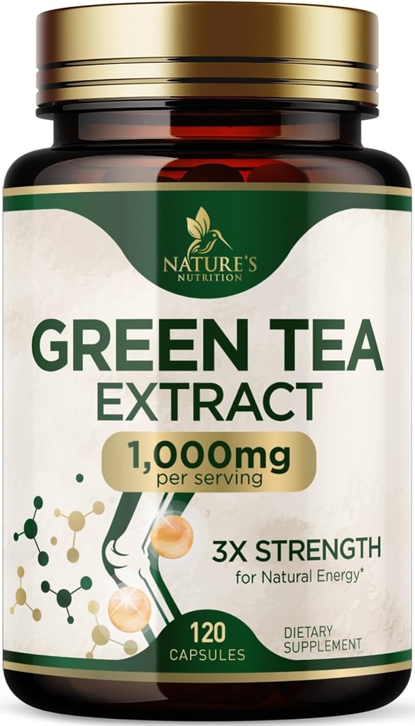 Κάψουλες Εκχύλισμα Πράσινου Τσάι 1000 mg - Standardized 45% EGCG & 98% Polyphenols - 3X Strength Green Tea Hills for Natural Energy - Υποστηρίζει την υγεία της καρδιάς, συμπλήρωμα βοτάνων, Vegan, μη ΓΤΟ - 120 κάψουλες