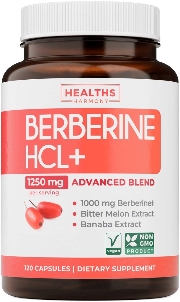 Berberine Supplement (Non-GMO & Vegetarian) Berberine HCL Plus Bitter Melon & Banaba Leaf Extract Capsules - Berberine 500mg Each, 1000mg Per Serve - AMPK Metabolic Activator - 120 Caps (No Pills)