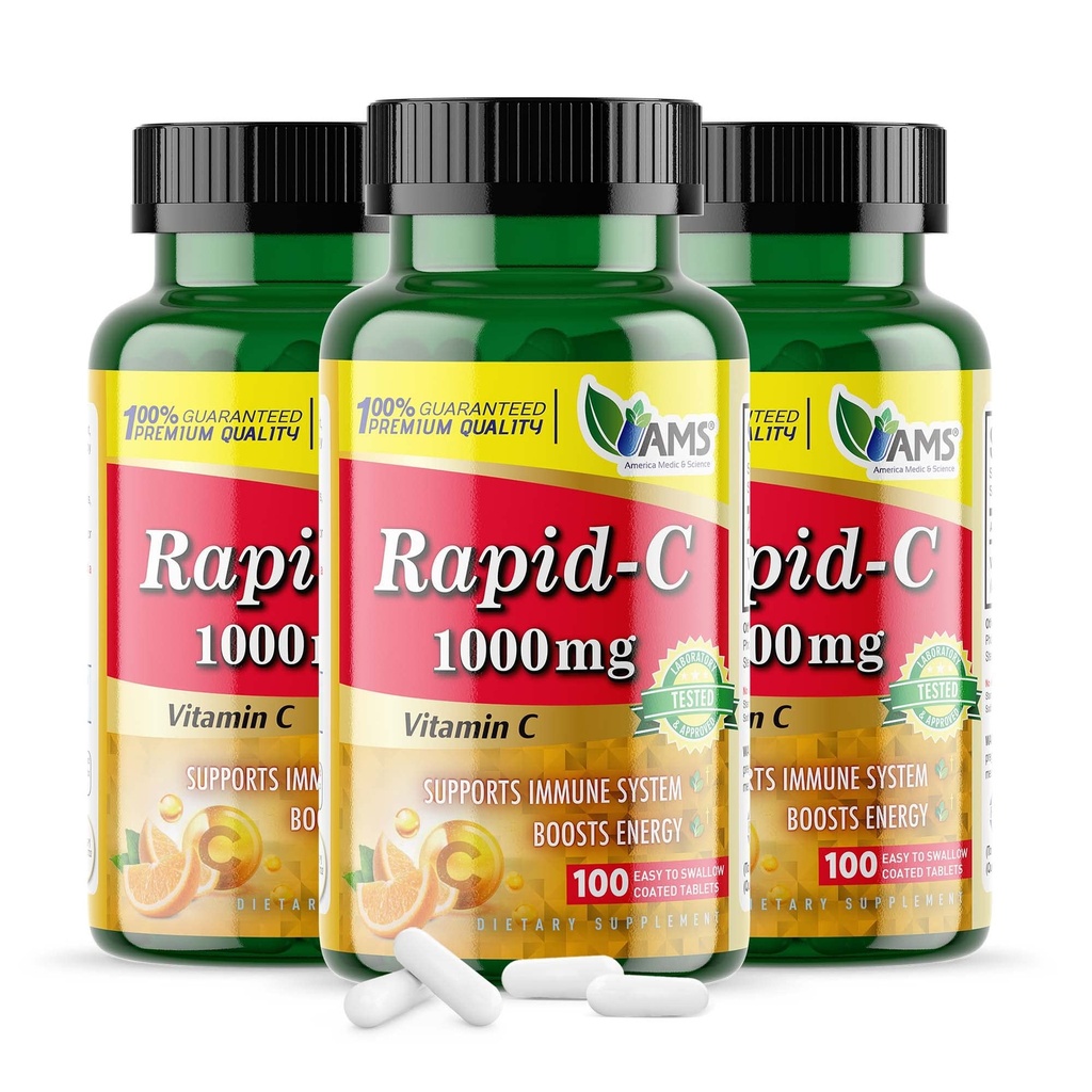America Medic & Science Rapid-C 1000mg συμπλήρωμα βιταμίνης C (3 Pack of 100 Tablets) Ενεργειακός ενισχυτής, Καθημερινή υποστήριξη ανοσοποιητικού συστήματος, Αντιοξειδωτικό 