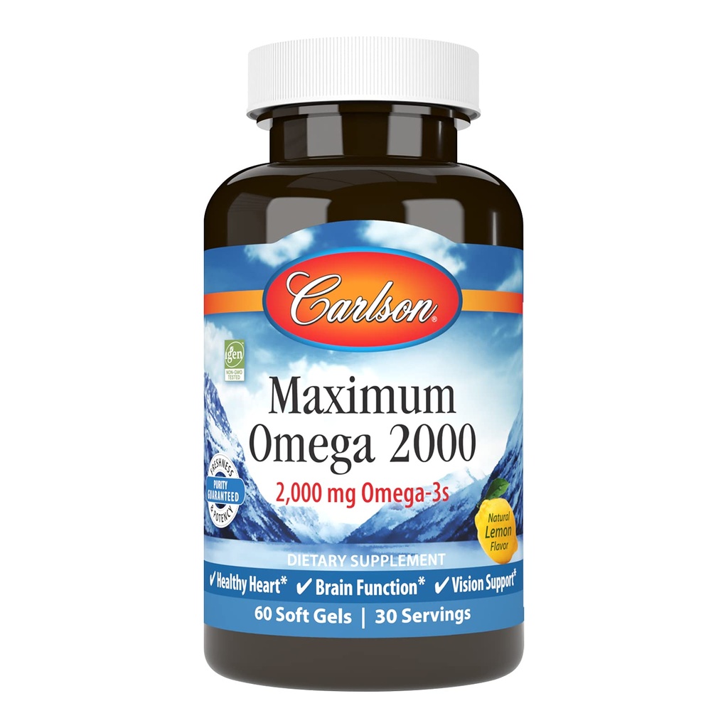 Carlson - Μέγιστο Ωμέγα 2000, 2000 mg Ωμέγα-3 Λιπαρά Οξέα Συμπεριλαμβανομένων EPA και DHA, Wild-Caught, Νορβηγικό συμπλήρωμα ιχθυελαίου, Βιώσιμα πηγασμένα κάψουλες ιχθυελαίου, λεμόνι, 60 Softgels