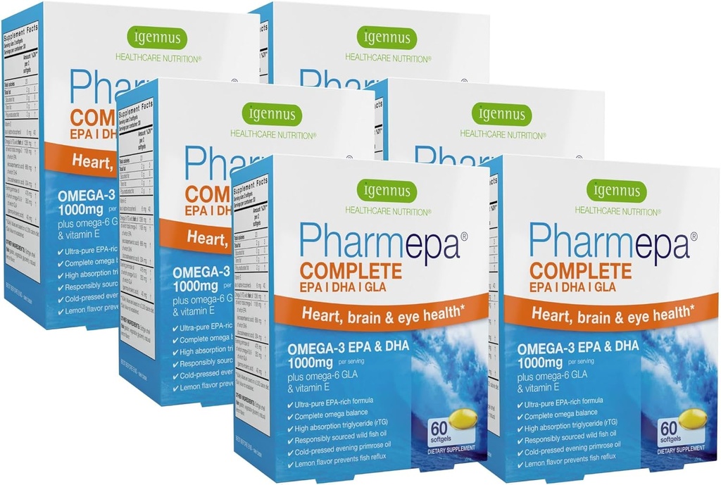 Igennus Pharmepa Complete EPA 668mg & DHA 334mg Ωμέγα-3 Λιπαρά Οξέα 1000mg, IFOS Certified, rTG Form, Υψηλής Ικανότητας ιχθυέλαιο Συν Ωμέγα-6 & 9 από GLA Evening Primrose Oil, Λεμόνι Γεύση, 360 Softgels