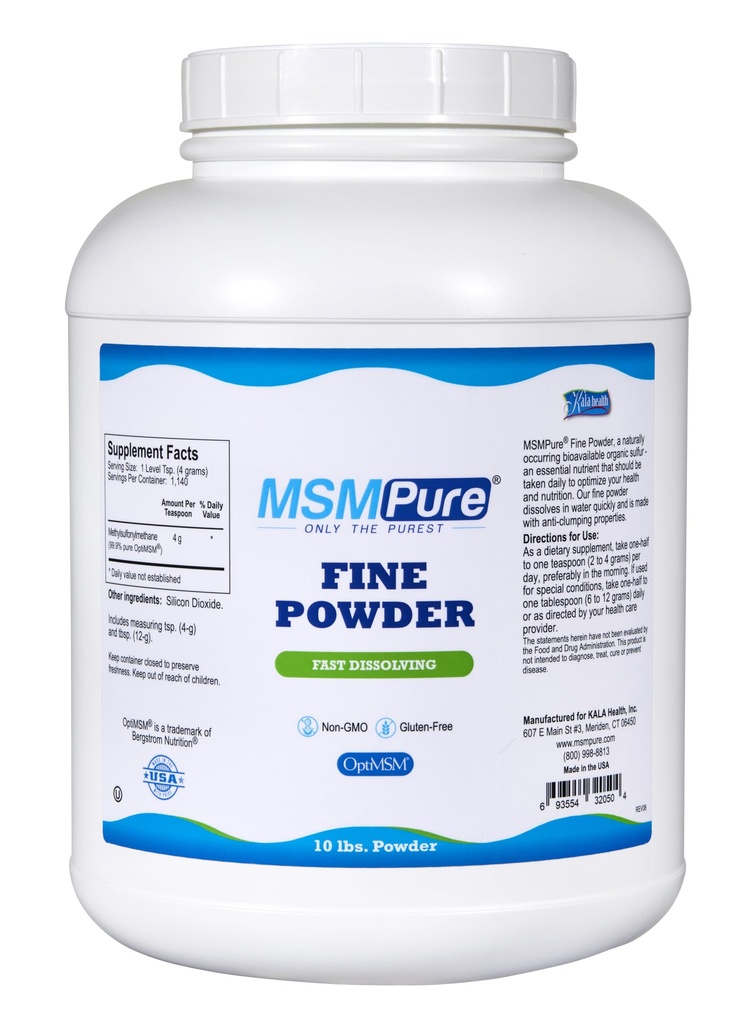 KALA HEALTH MSMPure Fast Dissolving Fine MSM Powder Crystals – US-Made MSM for Joint Health, Skin Appearance, and Hair & Nail Support – 10 lb, Organic Sulfur