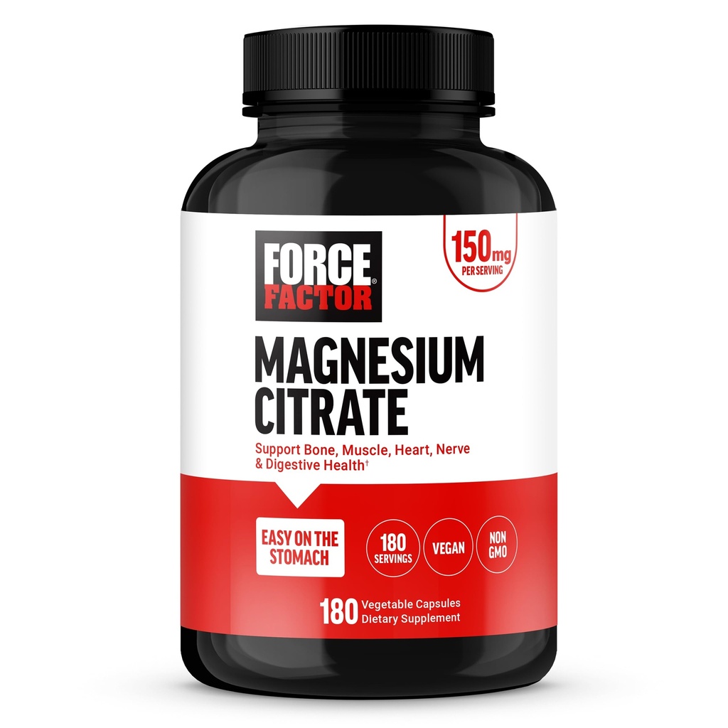 Force Factor Magnesium Citrate, Magnesium Supplement for Women and Men to Support Bone, Muscle, Nerve, Digestion, and Heart Health, Easy on the Stomach, Vegan, 6-Month Supply, 180 Capsules