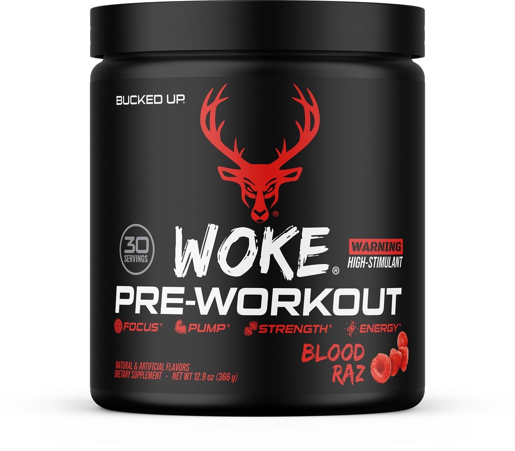 Bucked Up - Woke - ΥΨΗΛΗ STIM Προ προπόνηση - καλύτερη γεύση - Focus Nootropic, αντλία, δύναμη και ανάπτυξη, 30 υπηρεσίες (Blood Raz)