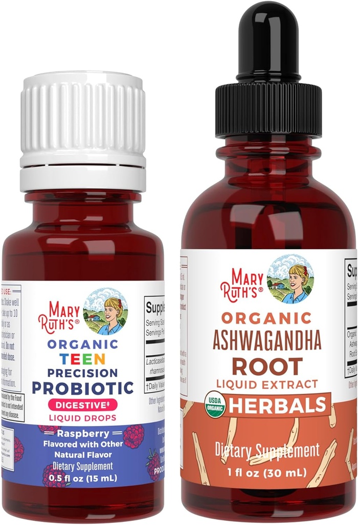 MaryRuth Organics Precision Probiotic Drops for Teens (Raspberry) & Ashwagandha Drops 