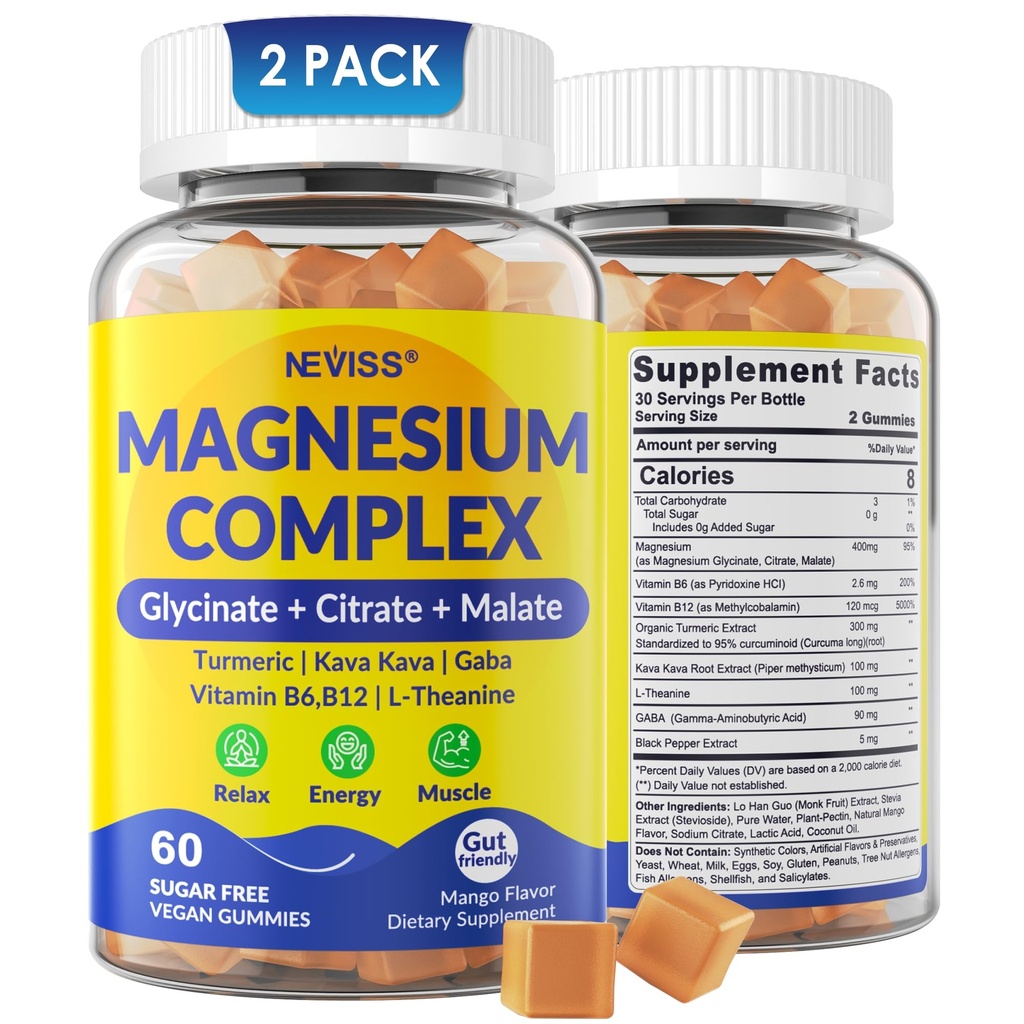 Μαγνήσιο Σύμπλεγμα Gummies 400mg, Μαγνήσιο Γλυκινικό Κιτρικό Μηλίτη + Κουρκουμάς, GABA, B6 B12, Κάβα Κάβα, L-Θεανίνη για τον ύπνο, ηρεμία, χαλάρωση, ενέργεια, Μαγνήσιο Gummies για γυναίκες άνδρες, Vegan, 2 συσκευασία