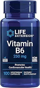 Life Extension Vitamin B6, 250 mg, high Potency, Cardiovascular Health, neurological Health, Eye Health, Healthy Kidney Function, Gluten-Free, Non-GMO, Vegetarian, 100 Capsules