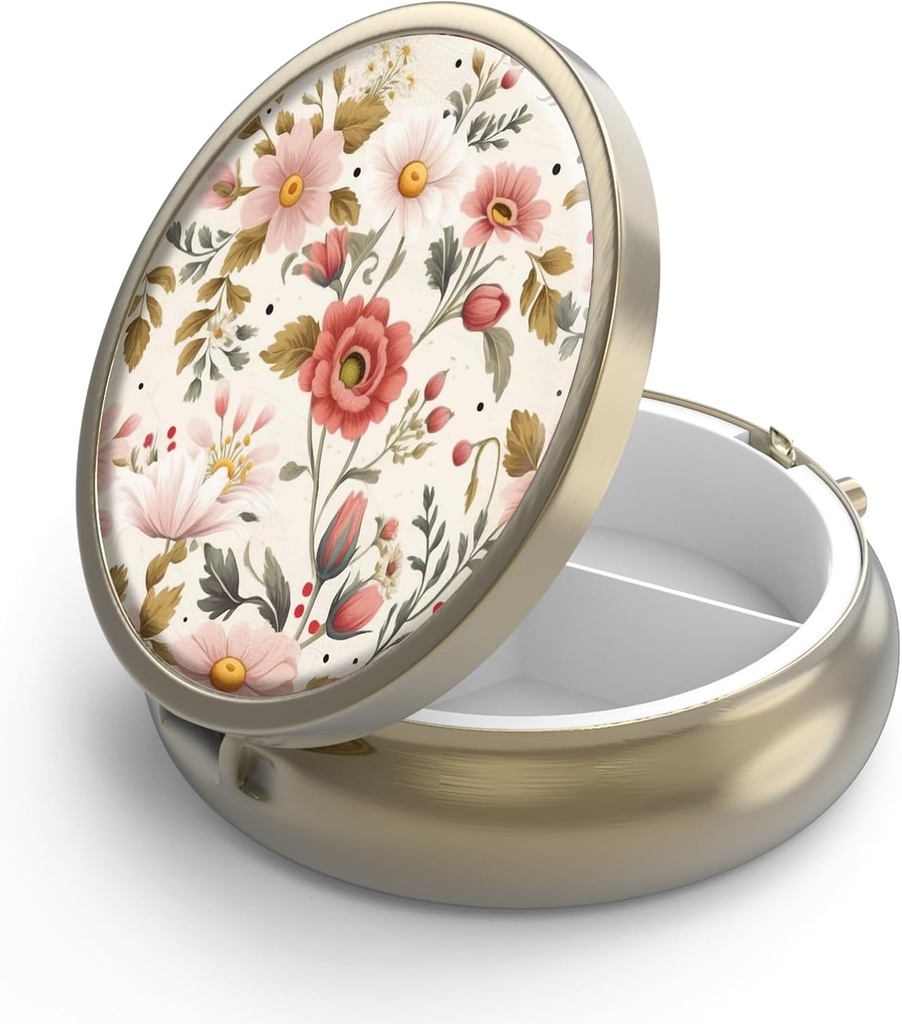 Χάπια κασετίνα χάπι με καθρέφτη Retro 3 διαμέρισμα μικρή θήκη χάπι για το πορτοφόλι ή τσέπη μπρούντζινο μικρό Rud κουτί χάπια ή βιταμίνες, ιχθυέλαιο, συμπληρώματα, χάπια Containe ταξιδιωτικά δώρα (Retro κόκκινα λουλούδια)