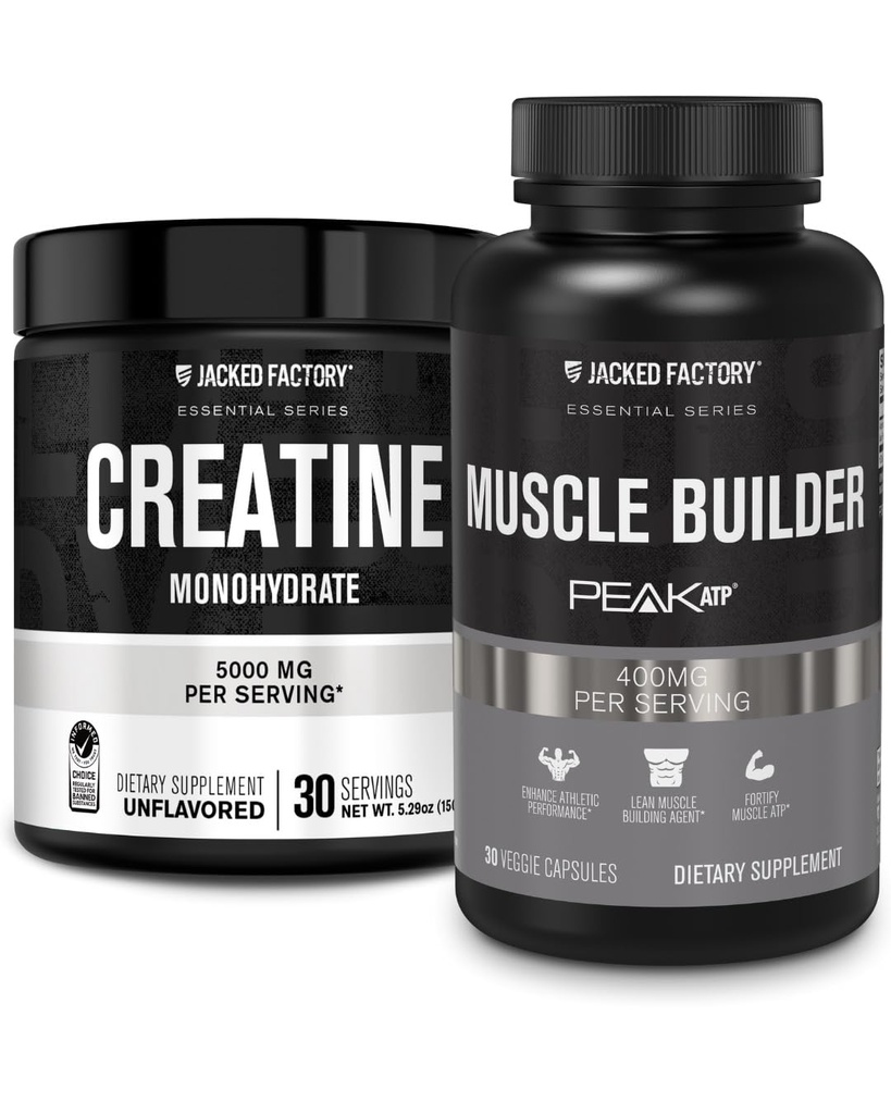 Jacked Factory Creatine Monohydrate Powder 150g - Creatine συμπλήρωμα για την ανάπτυξη των μυών, Αυξημένη δύναμη & Essentials Μυϊκός Οικοδόμος - Καθημερινή οικοδόμος μυών με PeakATP (30 κάψουλες)
