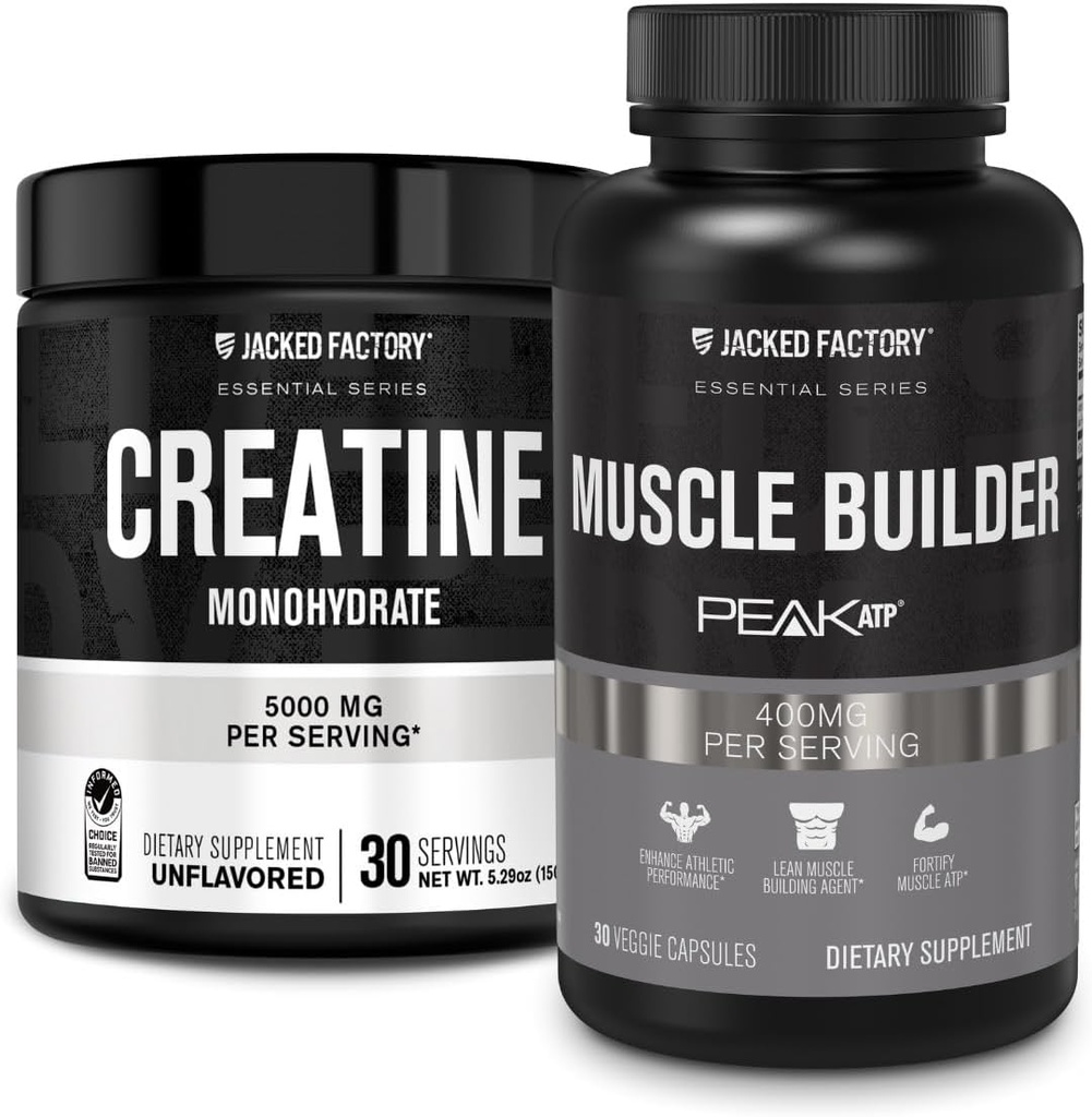 Jacked Factory Creatine Monohydrate Powder 150g - Creatine συμπλήρωμα για την ανάπτυξη των μυών, Αυξημένη δύναμη & Essentials Μυϊκός Οικοδόμος - Καθημερινή οικοδόμος μυών με PeakATP (30 κάψουλες)