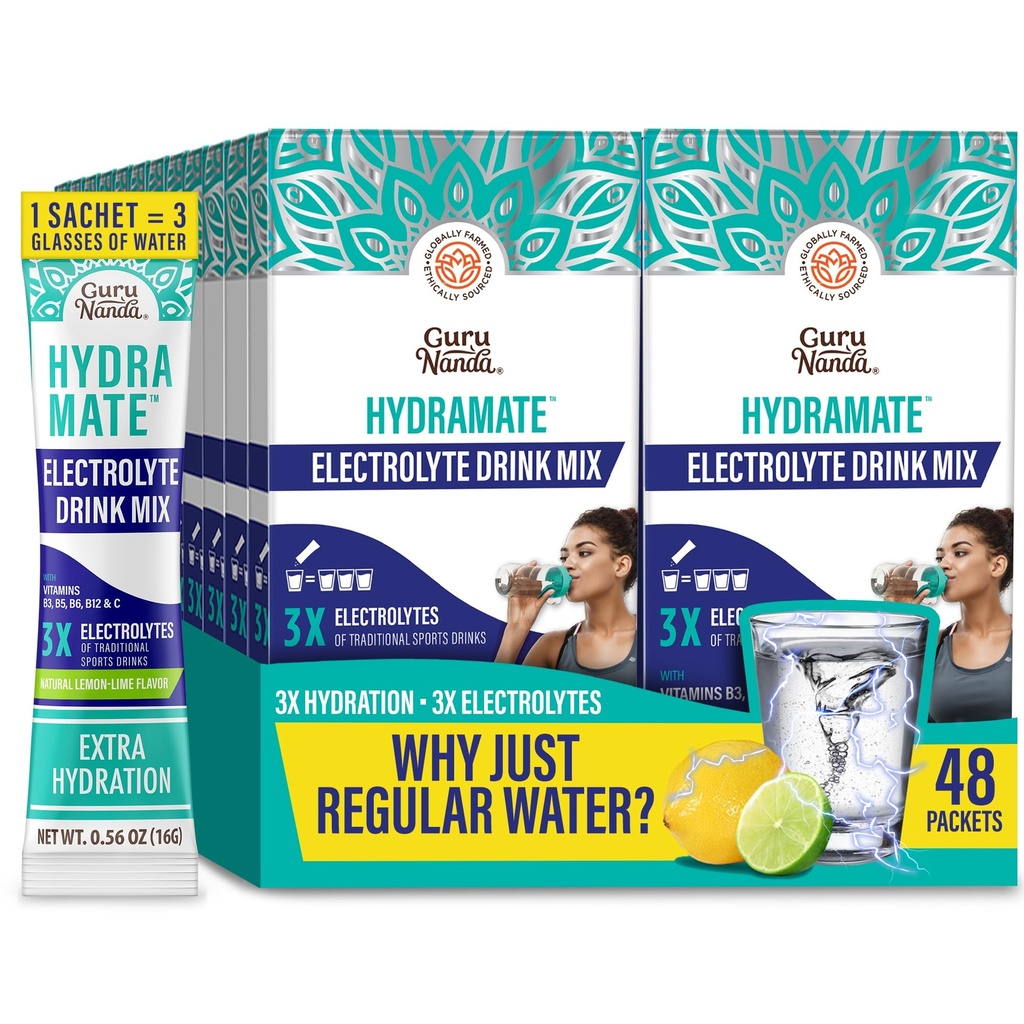 GuruNanda Hydramate Hydration Support Drink Mix - Ηλεκτρολυτικά Powder Packets για Αφυδάτωση, Άσκηση & Ενέργεια - Όχι Προστιθέμενα γλυκαντικά, Μη ΓΤΟ, Φυσικό άρωμα λεμόνι Lime - 48 Count (0.56 oz Κάθε)