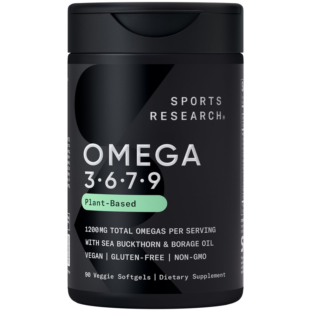 Sports Research® Vegan Omega 3-6-7-9 - 1200 mg Multi-Spectrum Omega Faty Acids Certified Non-GMO Formula with Sea Buckthorn & Borage Oil - 90 Veggie Softgels