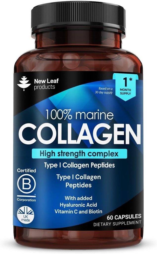 Pure Marine Collagen 100% Marine Collagen Type 1 1300mg - Υδρολυμένα Κολλαγόνο Πεπτίδια Ενισχυμένα με Υαλουρονικό Οξύ & Βιταμίνη C, Υψηλής αντοχής Συμπληρώματα Κολλαγόνου για γυναίκες και άνδρες, 60 δισκία